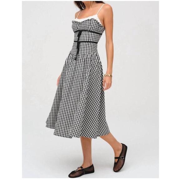 FOR LOVE & LEMONS Georgia Gingham Midi Dress in Black M - Picture 1 of 8